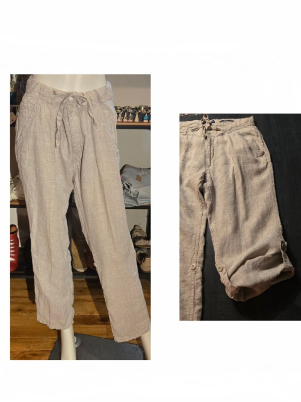 Beige 100% Linen Drawstring pants Large 12